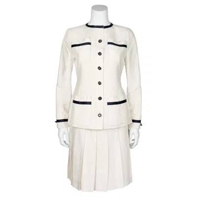 Pre-owned Chanel 1980's Cream Silk Jacket And Skirt Suit In White