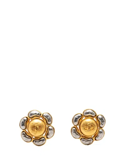 Pre-owned Chanel 1980-1990 Cc Bicolor Brass Flower Clip On Earrings Costume Earrings In Gold