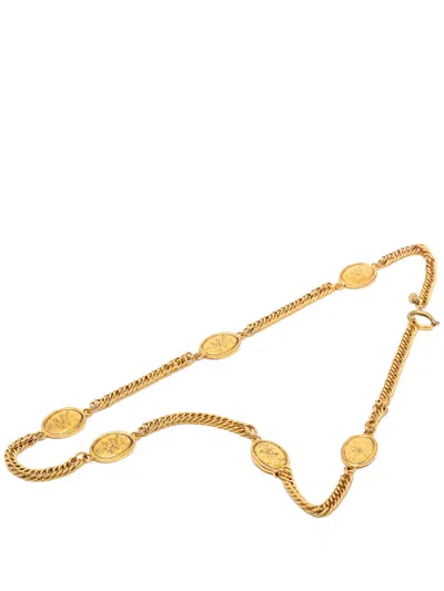 Pre-owned Chanel 1980-1990 Cc Gold Plated Crown Medallion Station Necklace Costume Necklace