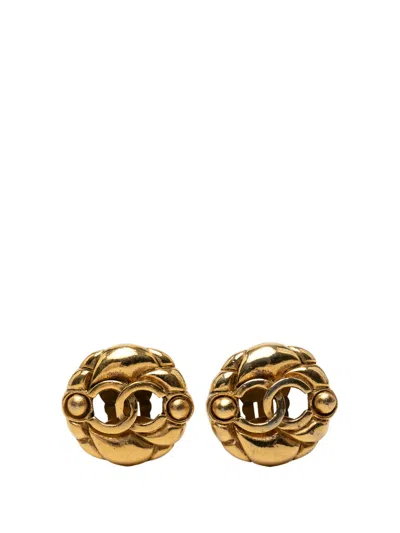 Pre-owned Chanel 1980-1990 Cc Gold Plated Round Hollow Clip On Earrings Costume Earrings