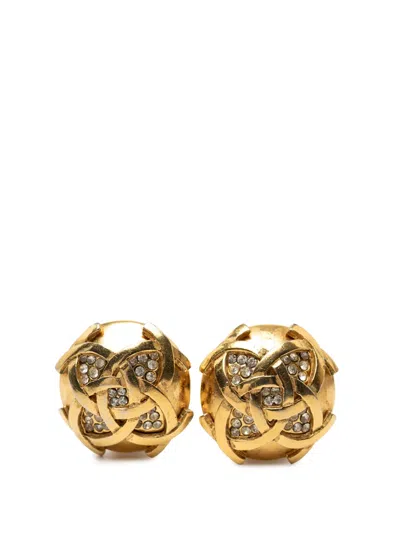Pre-owned Chanel 1980-1990 Cc Gold Plated Round Strass Clip On Earrings Costume Earrings