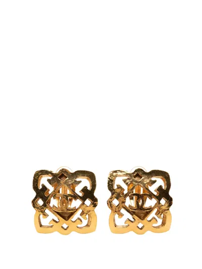 Pre-owned Chanel 1980-1990 Gold Plated Cc Square Clip On Earrings Costume Earrings