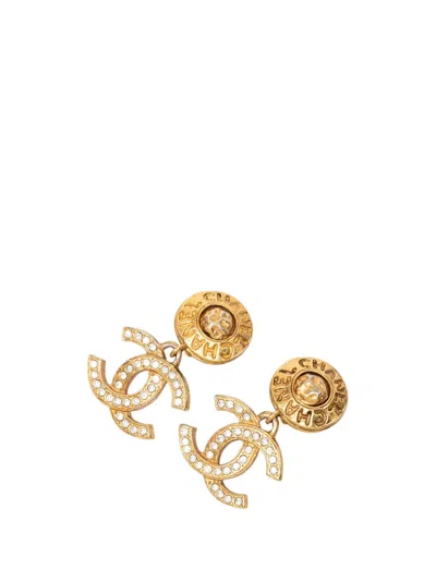 Pre-owned Chanel 1980-1990 Gold Plated Cc Strass Drop Clip On Earrings Costume Earrings