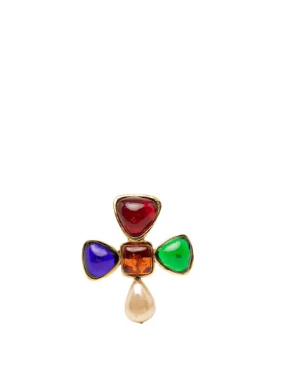 Pre-owned Chanel 1980-1990 Gold Plated Multicolored Gripoix And Faux Pearl Pin Brooch Costume Brooch