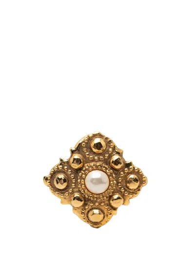 Pre-owned Chanel 1980-1990 Gold Plated Rhombus Faux Pearl Brooch Costume Brooch