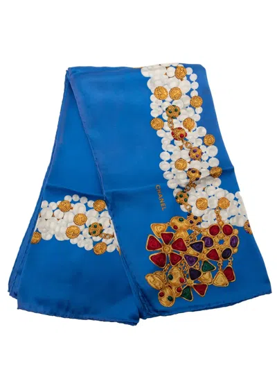 Pre-owned Chanel 1980-1990 Pearls And Gripoix Printed Silk Scarf 90 Scarves In Blue