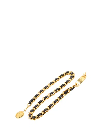 Pre-owned Chanel 1980-2000 Gold Plated Leather Woven Chain Medallion Belt In Black