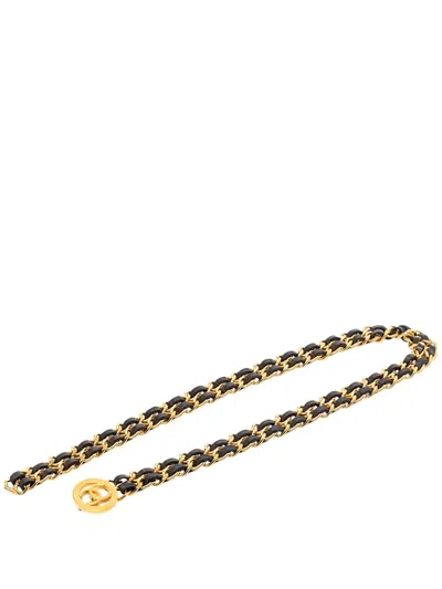 Pre-owned Chanel 1980-2000 Gold Plated Leather Woven Medallion Chain Belt In Black