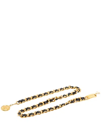 Pre-owned Chanel 1980-2000 Gold Plated Leather Woven Medallion Chain Belt In Black