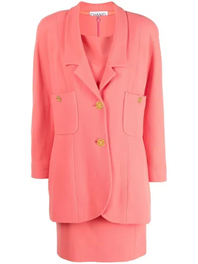 Pre-owned Chanel 1980s Cc-button Dress And Blazer Set In Orange