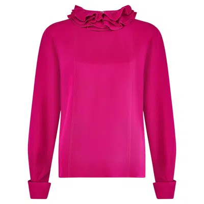 Pre-owned Chanel 1980s  Fuchsia Heavy Silk Blouse With Ruffle Collar In Red