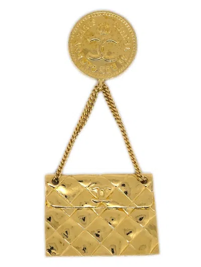 Pre-owned Chanel 1980s Quilted Bag Brooch Pin In Gold