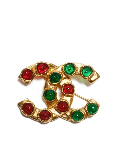 Pre-owned Chanel 1980s Stone-embellished Cc Brooch In Gold