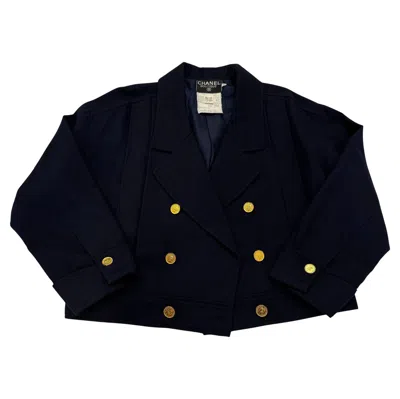 Pre-owned Chanel 1980s Vintage  Wool Double-breasted Jacket Fr42 Navy In Blue