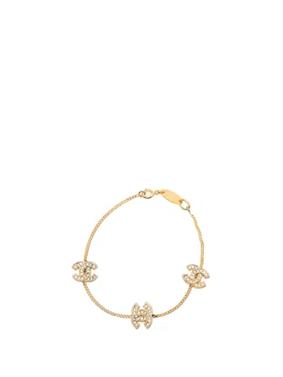 Pre-owned Chanel 1982 Cc Gold Plated Strass Charm Bracelet Costume Bracelet