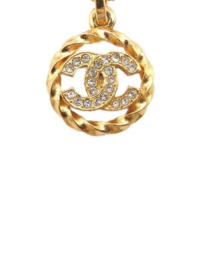 Pre-owned Chanel 1982 Cc Gold Plated Strass Round Pendant Necklace Costume Necklace