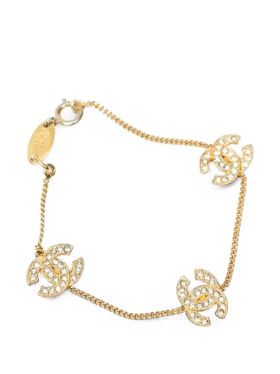 Pre-owned Chanel 1982 Cc-motif Rhinestone Bracelet In Gold
