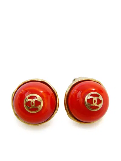 Pre-owned Chanel 1984-1992 Cc Logo Cabochon Clip-on Earrings In Orange