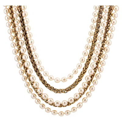 Pre-owned Chanel 1984 Vintage  Multi Strand Choker Necklace Faux Pearls Yellow Gold Tone