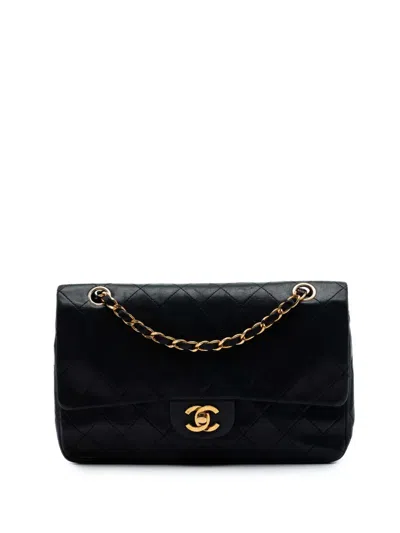Pre-owned Chanel 1984-1986 Medium Classic Lambskin Double Flap Shoulder Bag In Black