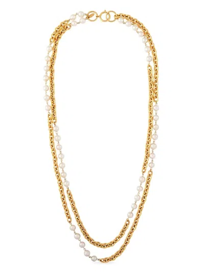 Pre-owned Chanel 1985 Pearl-embellished Double-chain Necklace In Gold