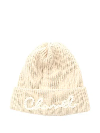 Pre-owned Chanel 1986-1988 Beaded-logo Ribbed-knit Beanie Hat In Neutral