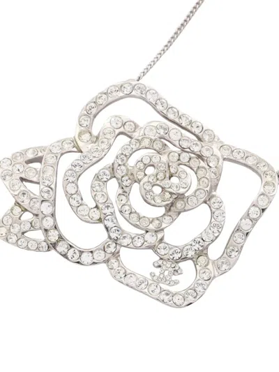 Pre-owned Chanel 1986-1988 Camellia Coco Mark Rhinestone-embellished Necklace In Gray