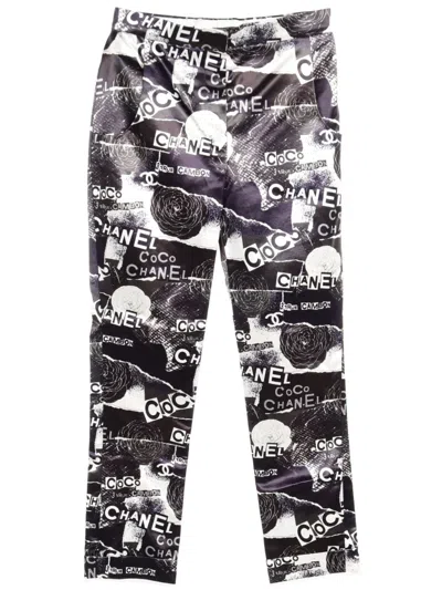 Pre-owned Chanel 1986-1988 Camellia-print Trousers In Black
