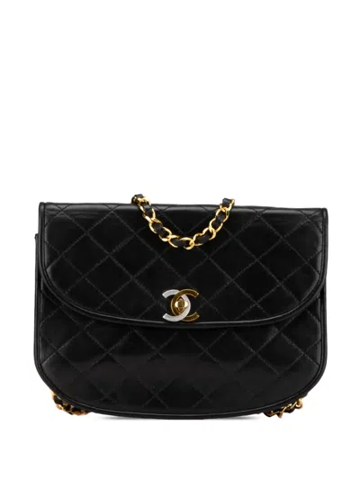 Pre-owned Chanel 1986-1988 Cc Quilted Lambskin Paris Round Flap Crossbody Bag In Black