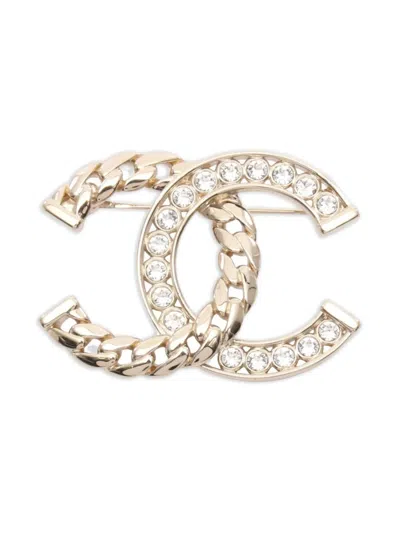 Pre-owned Chanel 1986-1988 Chain-link Crystal-embellishment Brooch In Gold