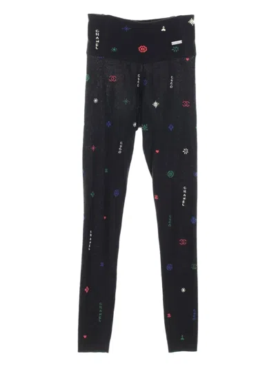 Pre-owned Chanel 1986-1988 Coco-mark Camellia Leggings In Black