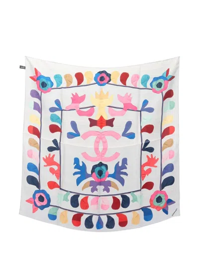 Pre-owned Chanel 1986-1988 Coco Mark Floral Silk Scarf In White