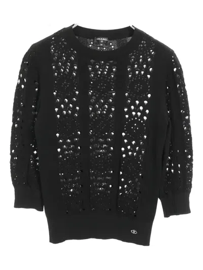 Pre-owned Chanel 1986-1988 Coco Mark Openwork Sweater In Black