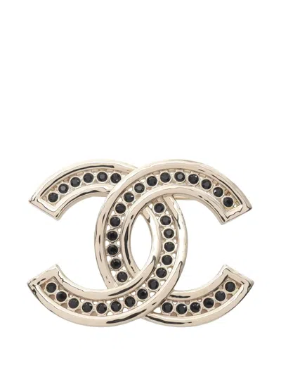 Pre-owned Chanel 1986-1988 Coco Mark Rhinestone Brooch In Gold