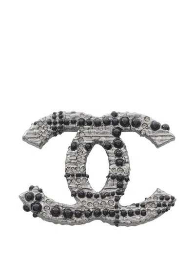 Pre-owned Chanel 1986-1988 Coco Mark Rhinestone Brooch In Silver