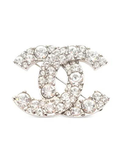 Pre-owned Chanel 1986-1988 Coco Mark Rhinestone Brooch In Silver