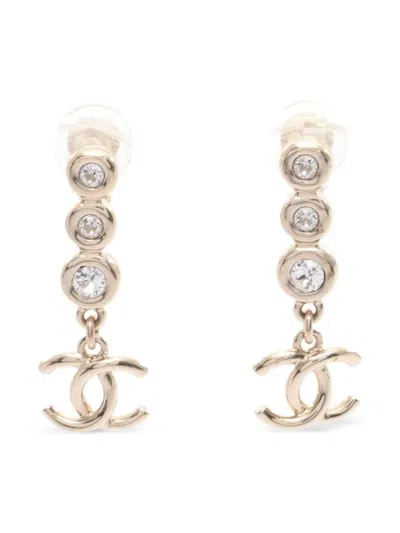 Pre-owned Chanel 1986-1988 Coco Mark Rhinestone Earrings In Gold