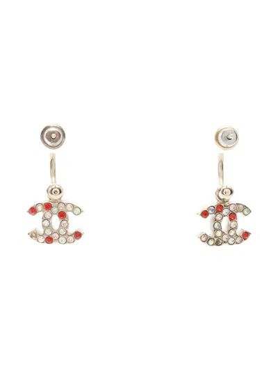 Pre-owned Chanel 1986-1988 Coco Mark Rhinestone Earrings In Gold