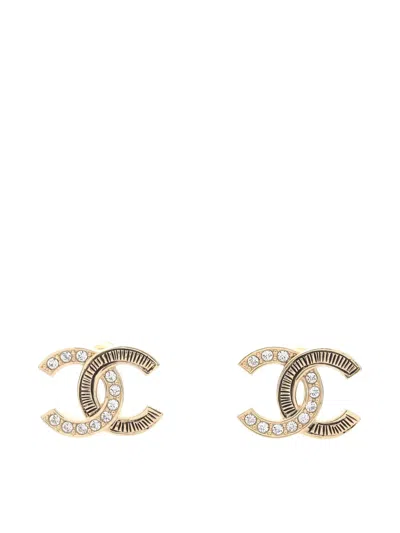 Pre-owned Chanel 1986-1988 Coco Mark Rhinestone Earrings In Gold