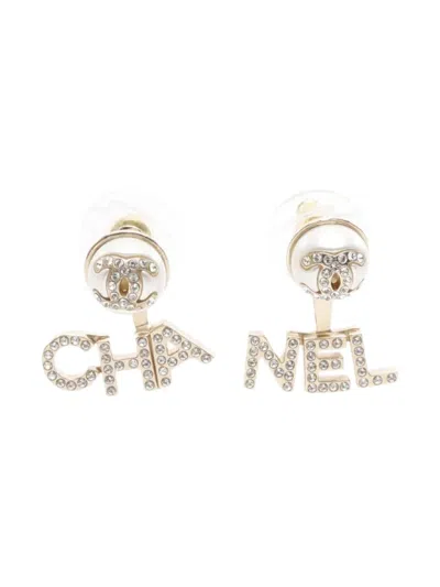 Pre-owned Chanel 1986-1988 Coco-mark Rhinestone-embellished Earrings In Gold