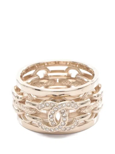 Pre-owned Chanel 1986-1988 Coco Mark Rhinestone Ring In Pink