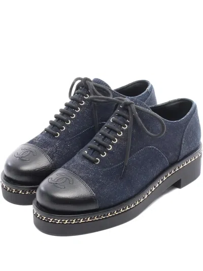 Pre-owned Chanel 1986-1988 Coco Mark Texture Loafers In Blue