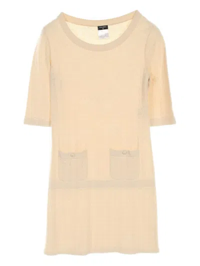 Pre-owned Chanel 1986-1988 Cocomark Button Knit Dress In Neutral