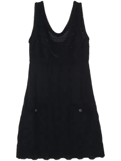 Pre-owned Chanel 1986-1988 Cocomark-button Knitted Mini Dress In Black
