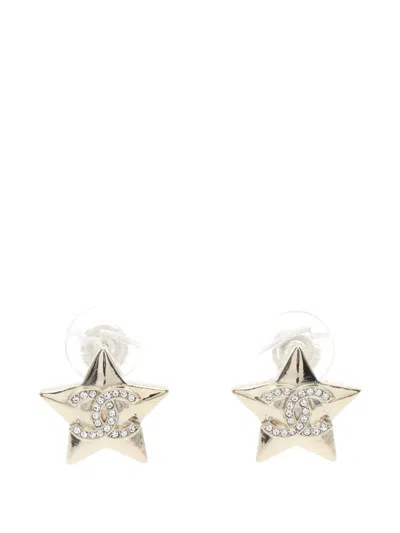 Pre-owned Chanel 1986-1988 Cocomark Star Rhinestone Earrings In Gold