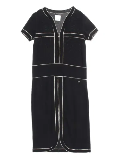 Pre-owned Chanel 1986-1988 Cotton Knit-trim Dress In Black