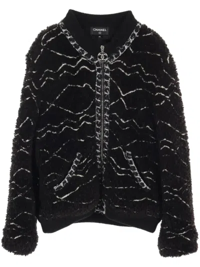 Pre-owned Chanel 1986-1988 Fleece Bomber Jacket In Black