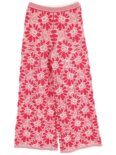Pre-owned Chanel 1986-1988 Flower Wide-leg Trousers In Red