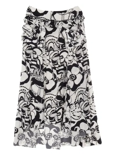 Pre-owned Chanel 1986-1988 Graphic-print Midi Skirt In White