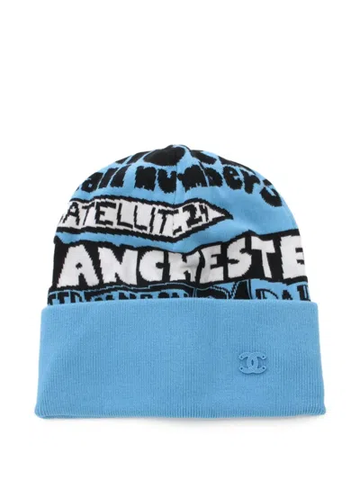 Pre-owned Chanel 1986-1988 Intarsia-knit Beanie In Blue